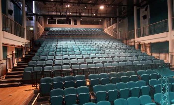 View from stage looking out at raked seating in the main theatre space.